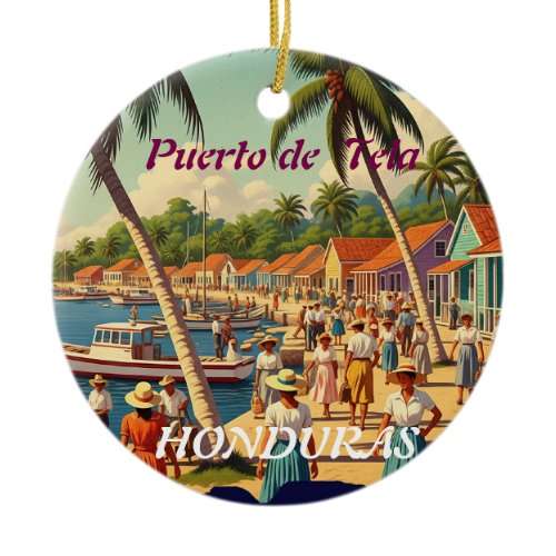 Honduras Puerto Tela Retro poster Ceramic Ornament