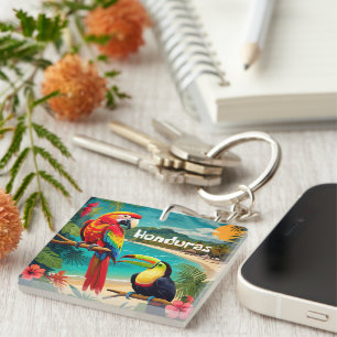 Honduras Travel Vintage Poster Macaw and Toucan Keychain