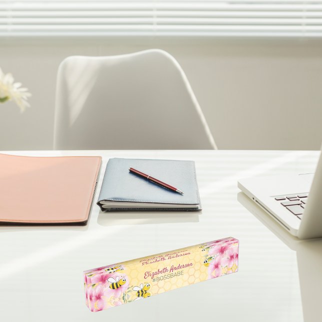 Honecomb happy bumble bees pink florals boss babe desk name plate (Creator Uploaded)