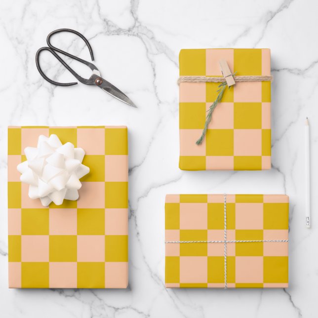 Honey and Peach Checkerboard Wrapping Paper Sheets (Front)