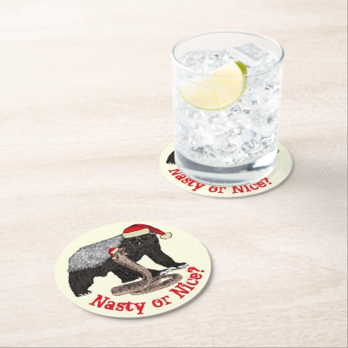 Honey Badger and Snake Funny Santa Quote Round Paper Coaster