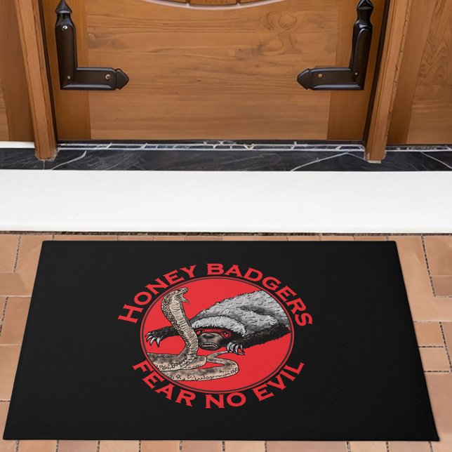 Honey Badger badass quote Doormat (Honey badgers fear no evil quote red and black doormat funny badass wild animal art)