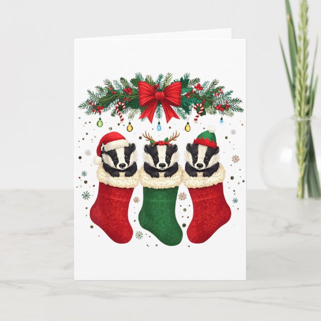 Honey Badger In Christmas Socks Lights Honey Badge Card (Front)