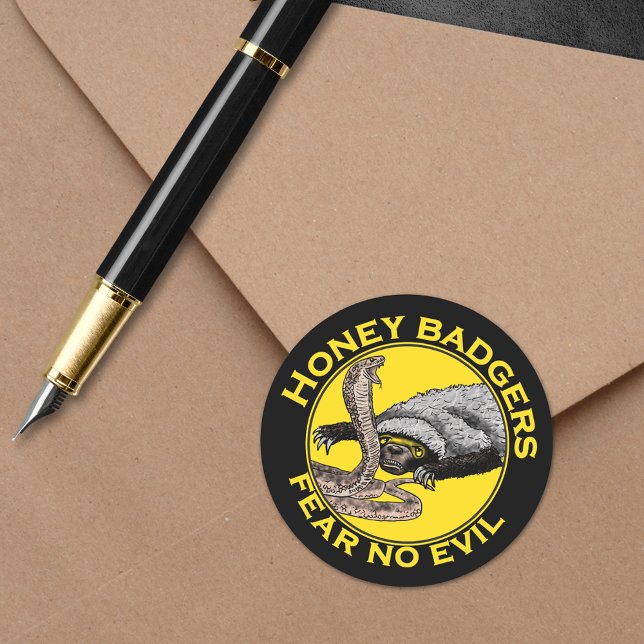 Honey Badgers Fear no Evil Yellow Scary Animal Art Classic Round Sticker (Honey badgers fear no evil quote yellow and black sticker honey badger verses snake illustration )