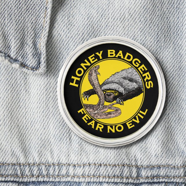 Honey Badgers Fear no Evil Yellow Scary Animal Art Pin (Honey badgers fear no evil quote yellow and black lapel pin honey badger and cobra snake)
