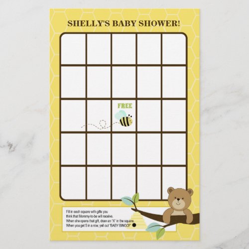 Honey Bear and Bee Baby Shower Bingo Game