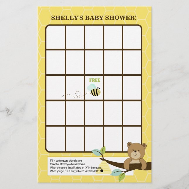 Honey Bear and Bee Baby Shower Bingo Game (Front)