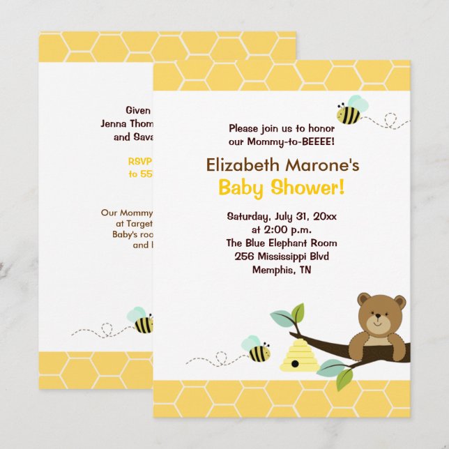 Honey Bear and Bee Baby Shower Invitation 4x6 (Front/Back)