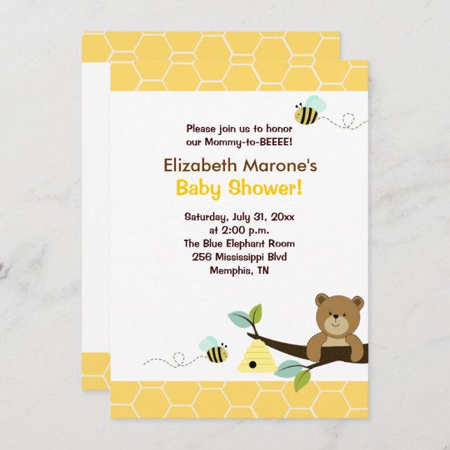 Honey Bear and Bee Baby Shower Invitation 4x6 (Front/Back)