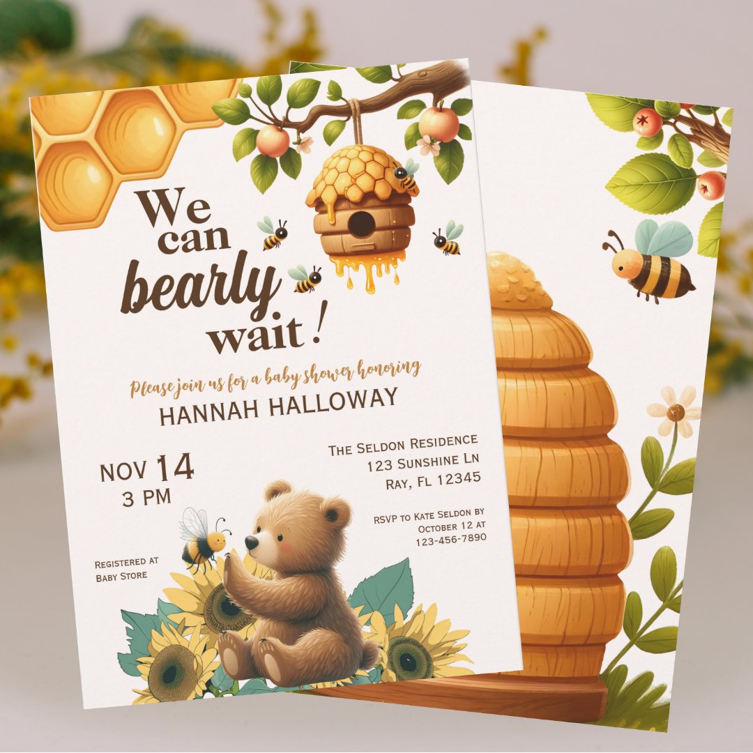 Honey Bear and Bee Bearly Wait Baby Shower                    Invitation