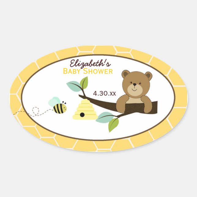 Honey Bear and Bee Custom Oval Favor Sticker (Front)