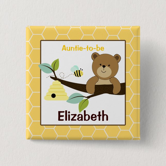 Honey Bear and Bee Customized name tag Button (Front)