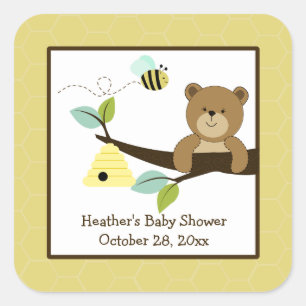 Honey Bear and Bee Square Favor Stickers (6 Large)