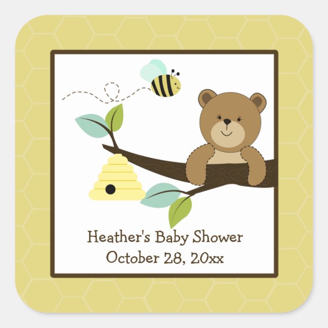 Honey Bear and Bee Square Favor Stickers (6 Large) (Front)