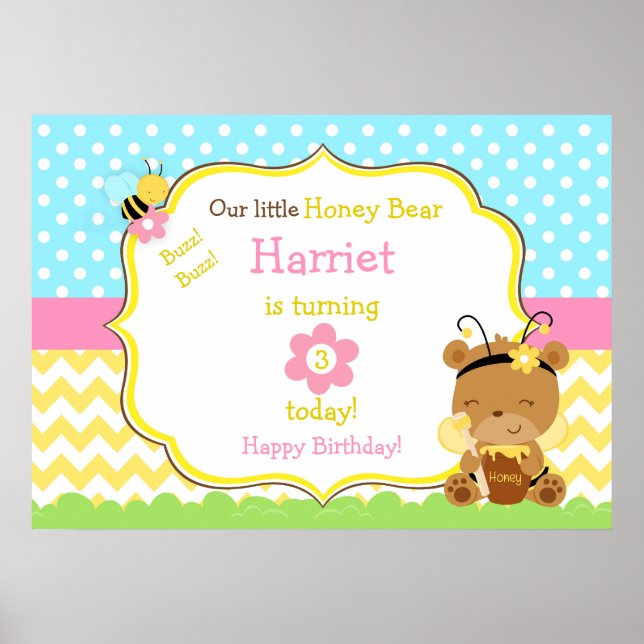 Honey Bear and Bumble Bee Birthday Party Poster (Front)