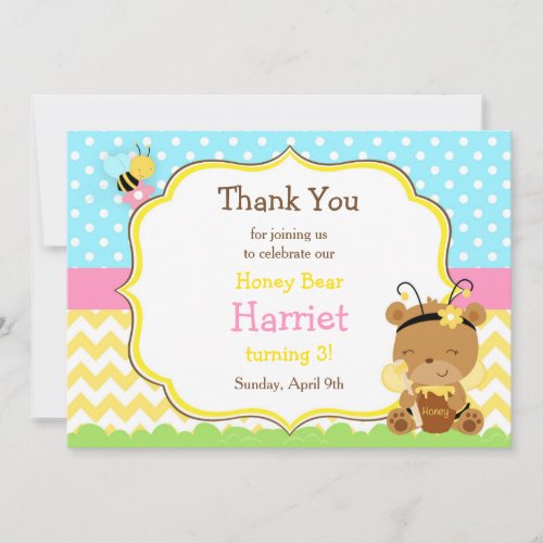 Honey Bear and Bumble Bee Birthday Party Thank You Card