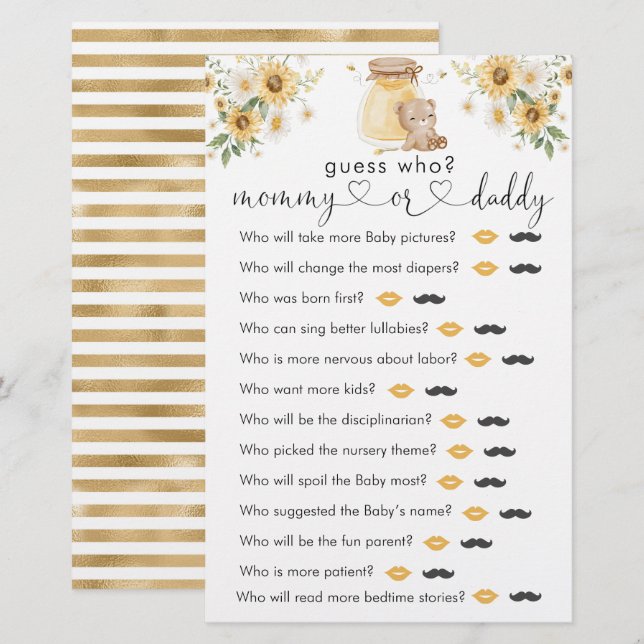 Honey Bear Baby Shower  "Guess Who" Game (Front/Back)
