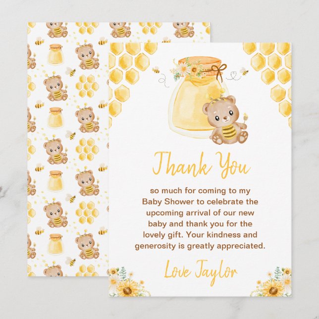 Honey Bear Baby Shower Thank You Card (Front/Back)