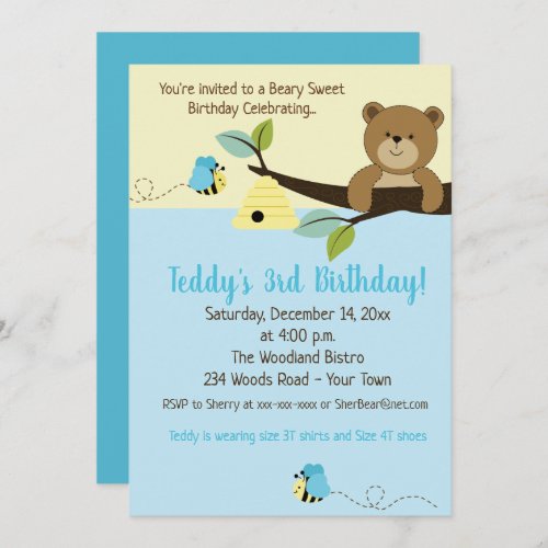 Honey Bear Bumble Bee Blue Boy Birthday invite