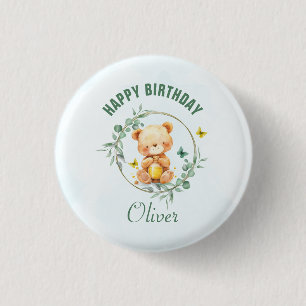 Honey Bear Cute Greenery Boy Happy Birthday Button