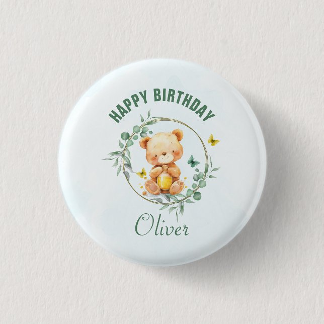 Honey Bear Cute Greenery Boy Happy Birthday Button (Front)