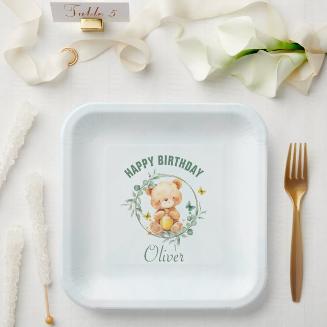 Honey Bear Cute Greenery Boy Happy Birthday Paper Plates (Wedding)