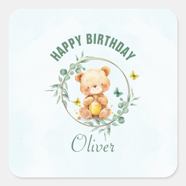 Honey Bear Cute Greenery Boy Happy Birthday Square Sticker (Front)