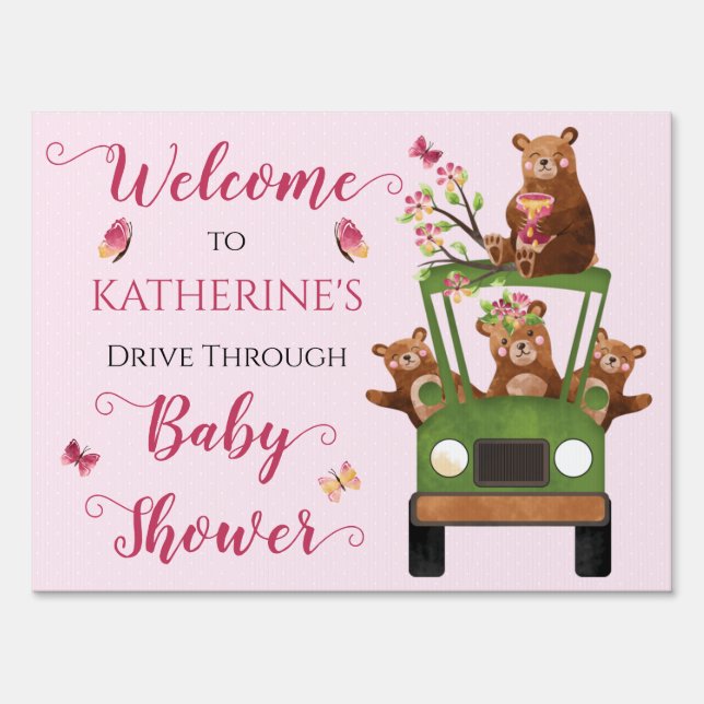 Honey Bear Drive Thru Girl Baby Shower Welcome Sig Sign (Front)