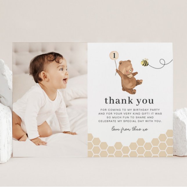 Honey Bear First Bee-Day Photo Thank You Card (Creator Uploaded)