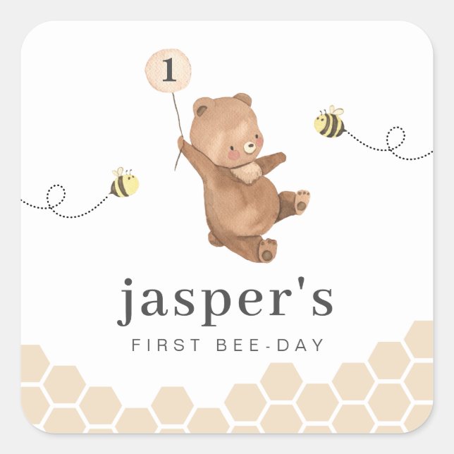 Honey Bear First Bee-day Square Sticker (Front)