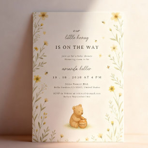 Honey Bear Floral Baby Birthday Invitation