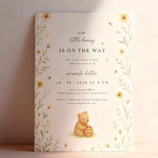 Honey Bear Floral Baby Birthday Invitation