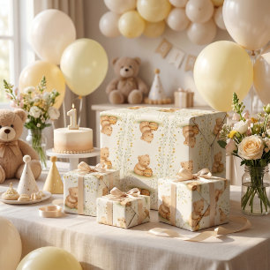 Honey Bear Floral Baby Birthday Wrapping Paper