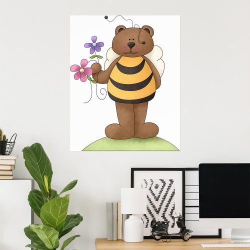 Honey Bear Holding Flowers Poster