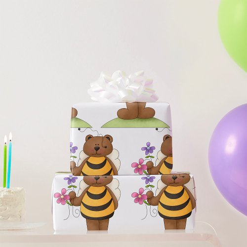 Honey Bear Holding Flowers Wrapping Paper