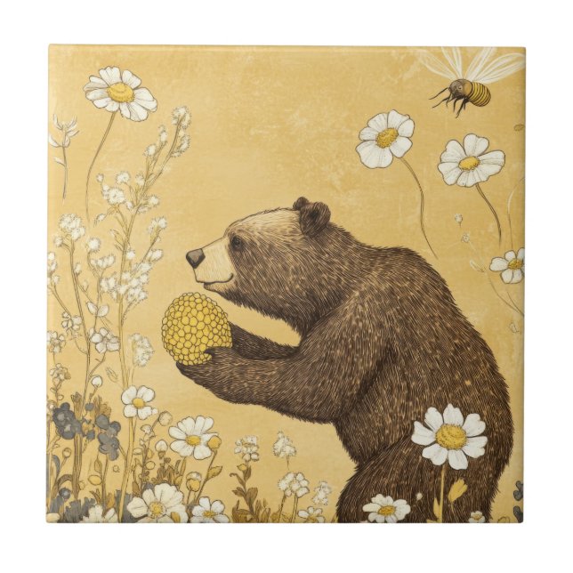 Honey Bear in Wildflower Meadow Ceramic Tile (Front)