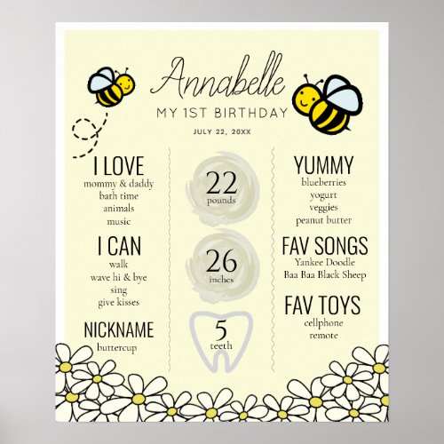 Honey Bee1st Birthday Milestone Poster