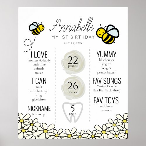 Honey Bee1st Birthday Milestone White Poster