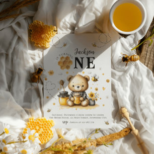 Honey Bee 1st Birthday Bear Birthday Party Invitation