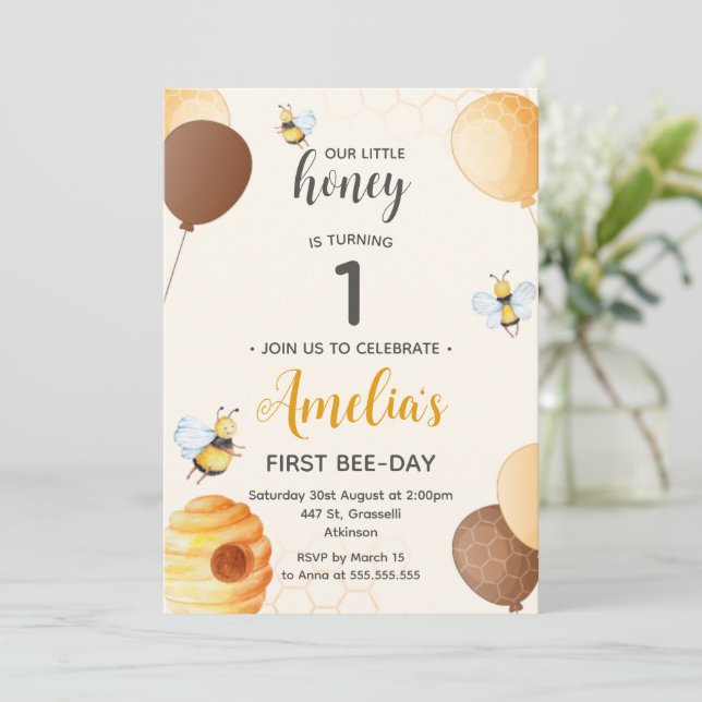Honey Bee 1st Birthday Party Invitation (Standing Front)