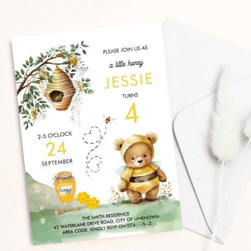 Honey Bee and Cute Bear Watercolor Kids Birthday Invitation