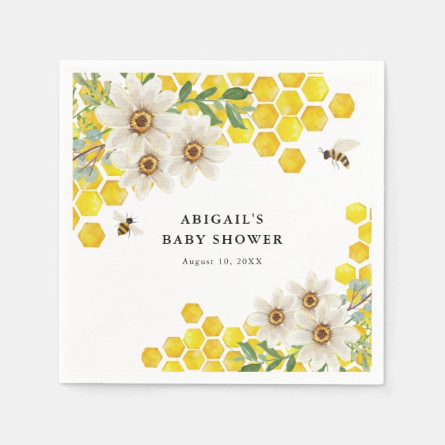 Honey Bee and Daisies Personalized Baby Shower Napkins (Front)
