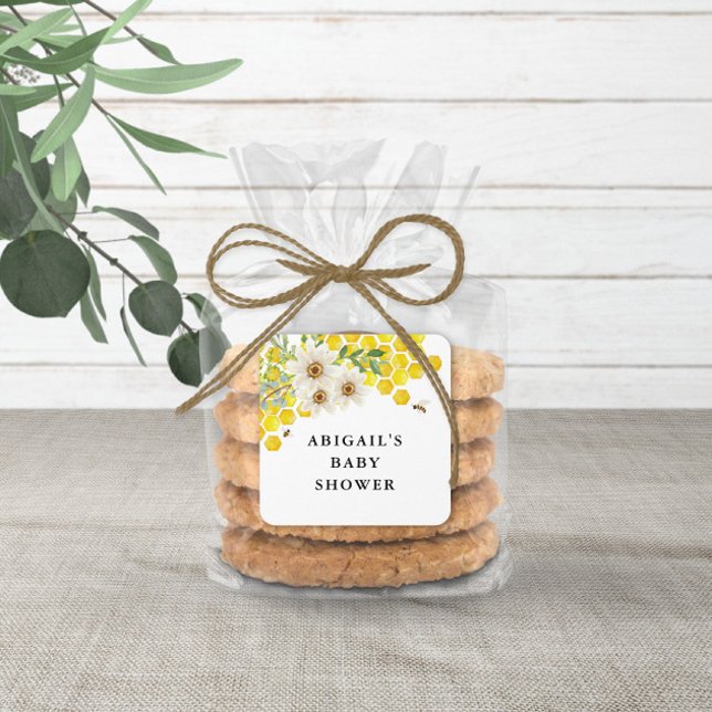 Honey Bee and Daisies Personalized Favor Square Sticker (Creator Uploaded)