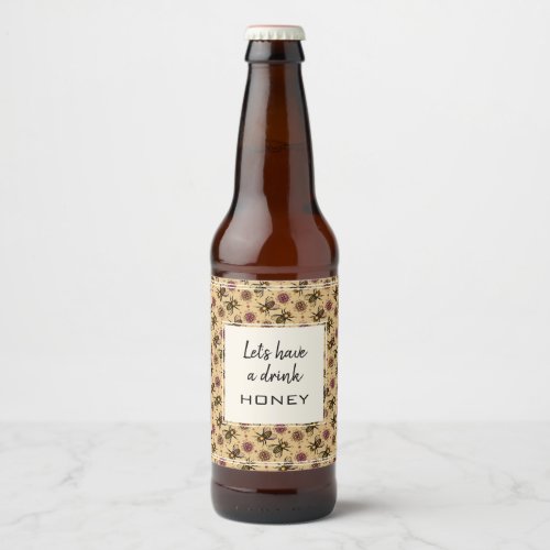 Honey bee and flowers drawing colorful pattern art beer bottle label