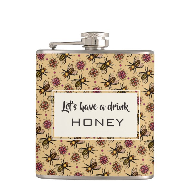 Honey bee and flowers drawing colorful pattern art flask (Front)