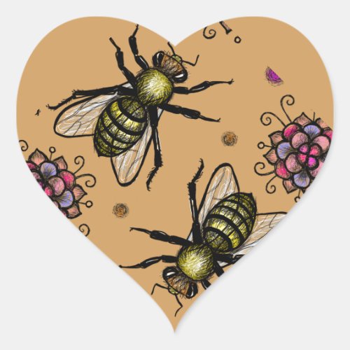 Honey bee and flowers drawing colorful pattern art heart sticker