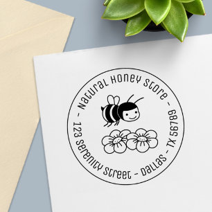 Honey Bee and Flowers Round Business Address 2 Self-inking Stamp