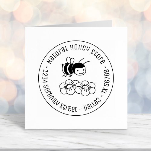 Honey Bee and Flowers Round Business Address 2 Self_inking Stamp