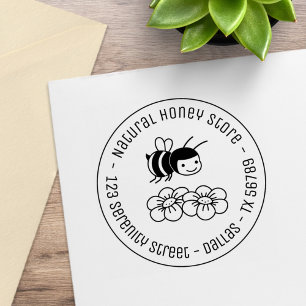 Honey Bee and Flowers Round Business Address 3 Rubber Stamp