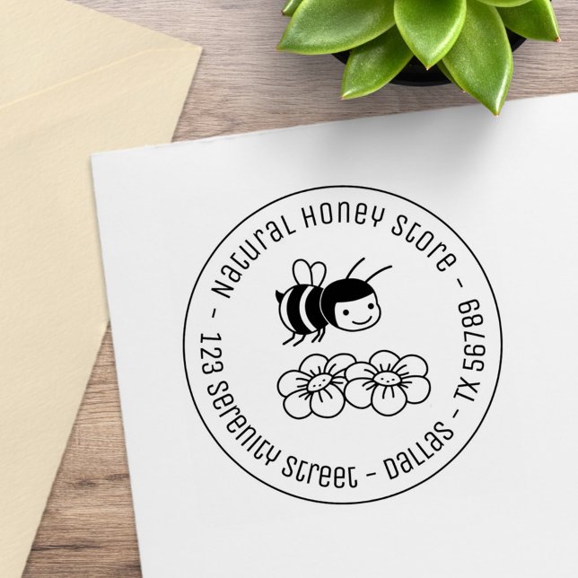 Honey Bee and Flowers Round Business Address 3 Rubber Stamp (Creator Uploaded)